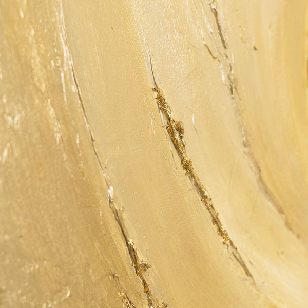 The painting “Circles of Time” is an abstract work with a voluminous texture in warm shades of gold