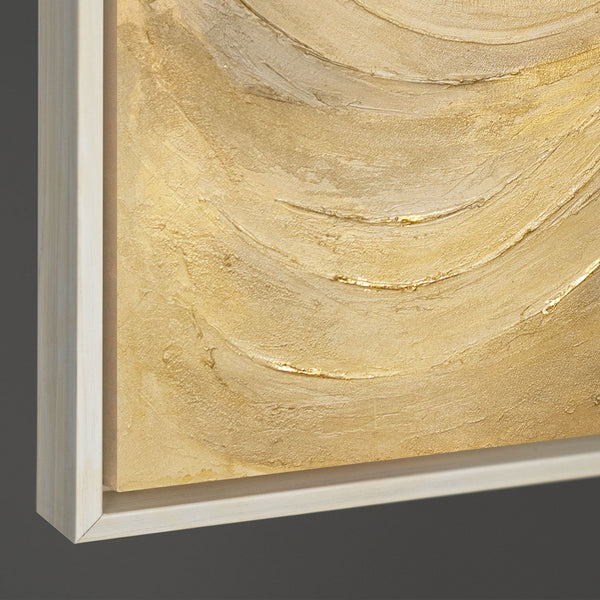 The painting “Circles of Time” is an abstract work with a voluminous texture in warm shades of gold