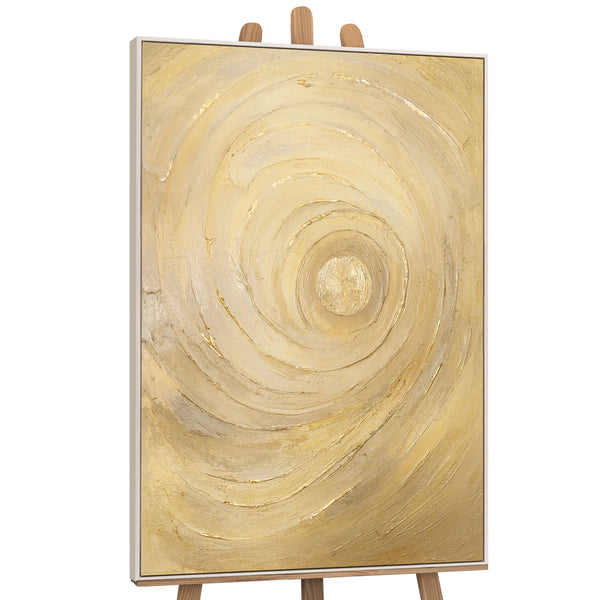 The painting “Circles of Time” is an abstract work with a voluminous texture in warm shades of gold
