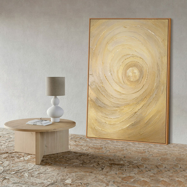 The painting “Circles of Time” is an abstract work with a voluminous texture in warm shades of gold