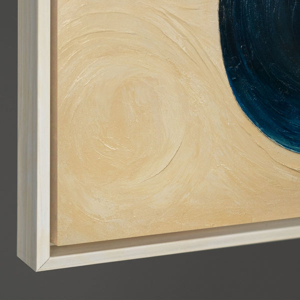 The painting “Horizon Cut” is a contrasting geometric composition with minimalist content