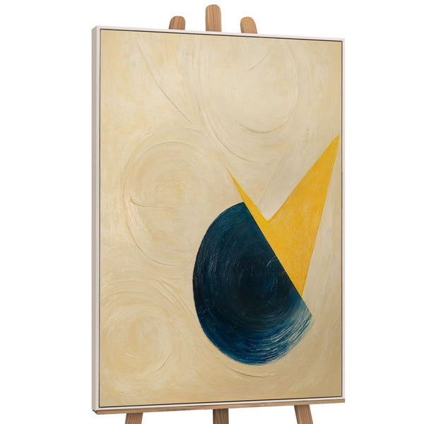 The painting “Horizon Cut” is a contrasting geometric composition with minimalist content