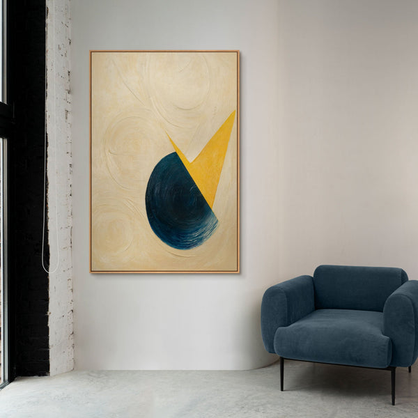 The painting “Horizon Cut” is a contrasting geometric composition with minimalist content
