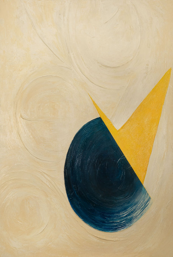 The painting “Horizon Cut” is a contrasting geometric composition with minimalist content