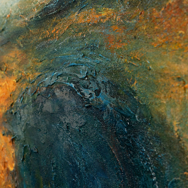 The painting “Golden Space” is an abstract landscape in warm tones