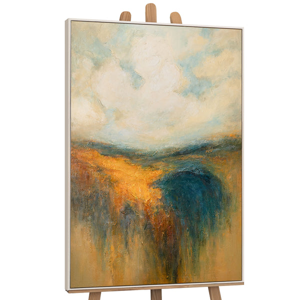 The painting “Golden Space” is an abstract landscape in warm tones
