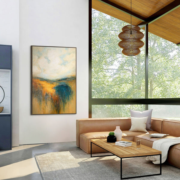 The painting “Golden Space” is an abstract landscape in warm tones