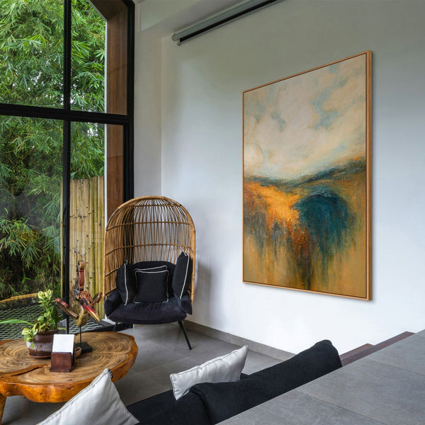 The painting “Golden Space” is an abstract landscape in warm tones