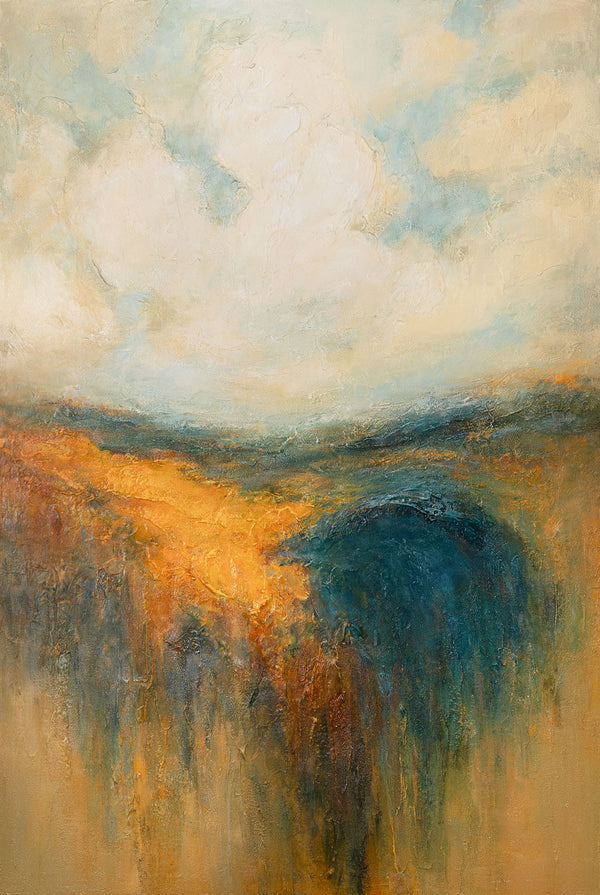 The painting “Golden Space” is an abstract landscape in warm tones