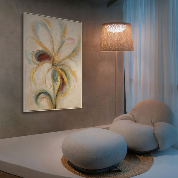 The painting “Flower Energy” — a textured abstraction in the shape of a flower