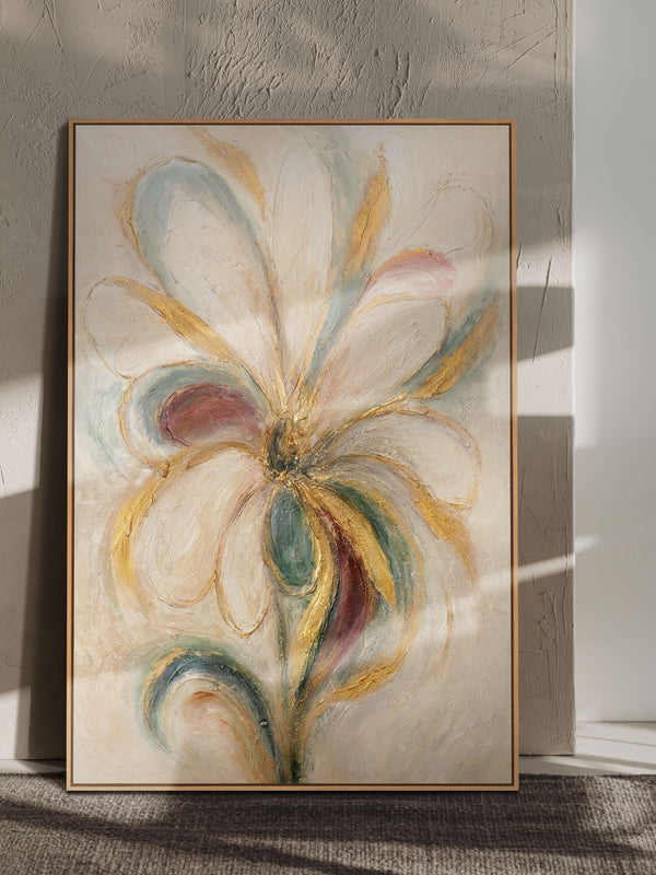 The painting “Flower Energy” — a textured abstraction in the shape of a flower