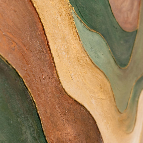 The painting “Dance of the Hills” is an abstract landscape in green tones