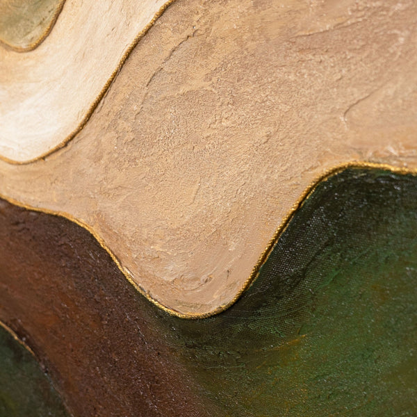 The painting “Dance of the Hills” is an abstract landscape in green tones