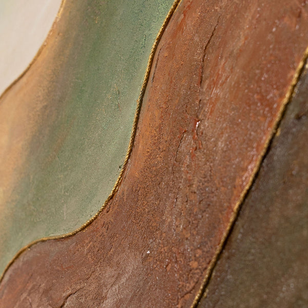 The painting “Dance of the Hills” is an abstract landscape in green tones