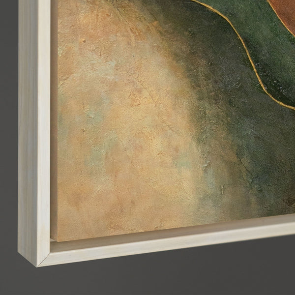 The painting “Dance of the Hills” is an abstract landscape in green tones