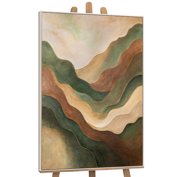 The painting “Dance of the Hills” is an abstract landscape in green tones