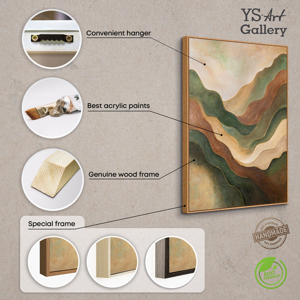 The painting “Dance of the Hills” is an abstract landscape in green tones