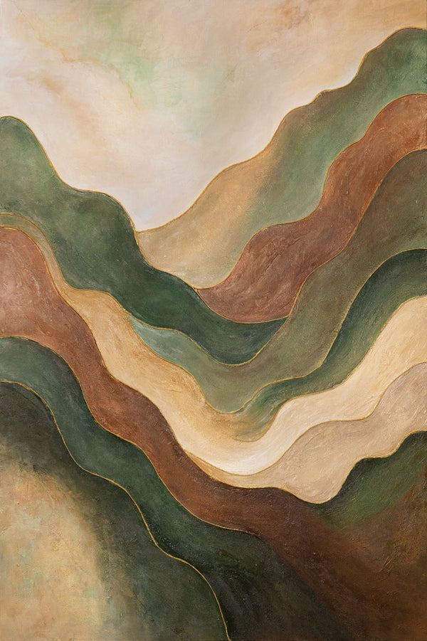 The painting “Dance of the Hills” is an abstract landscape in green tones
