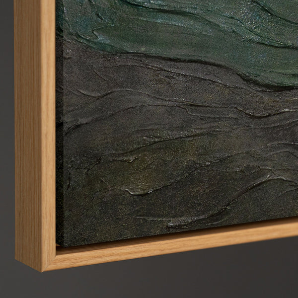 The painting “Waves of the Horizon” is an abstract textured landscape with depth