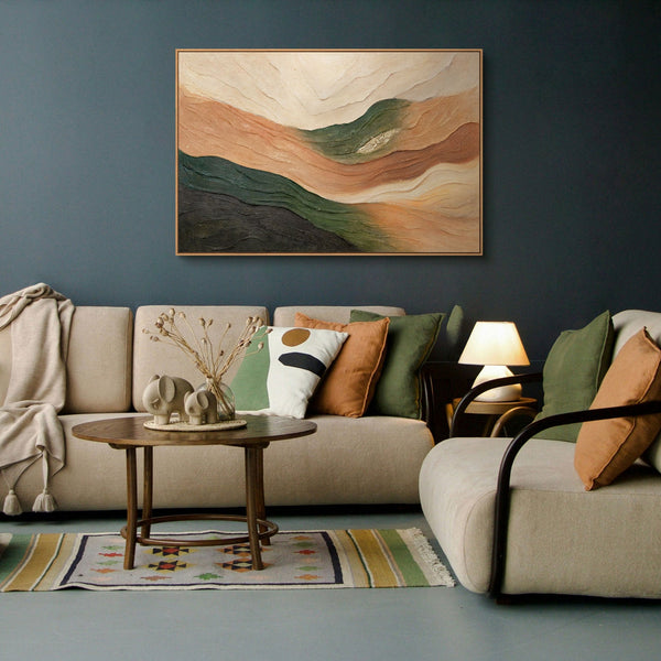The painting “Waves of the Horizon” is an abstract textured landscape with depth