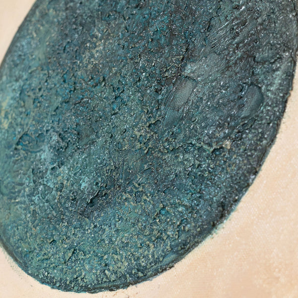 The painting “Emerald Sun” is an abstract landscape with moonlight