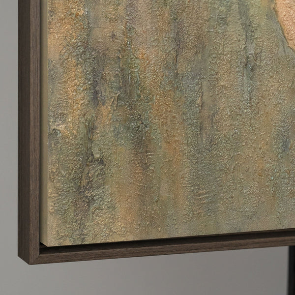 The painting “Emerald Sun” is an abstract landscape with moonlight