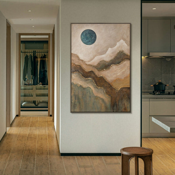 The painting “Emerald Sun” is an abstract landscape with moonlight