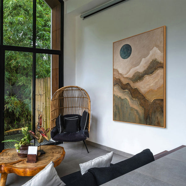 The painting “Emerald Sun” is an abstract landscape with moonlight