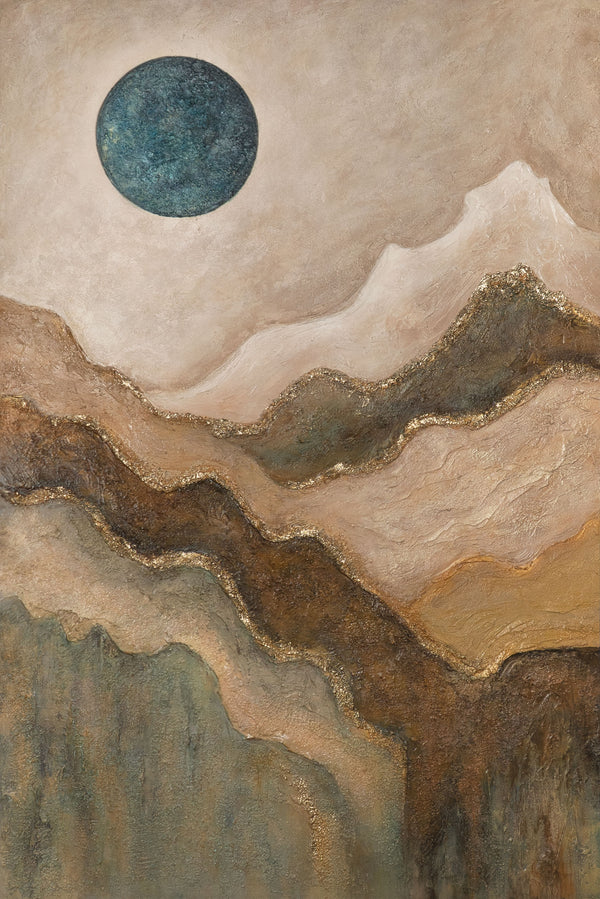 The painting “Emerald Sun” is an abstract landscape with moonlight