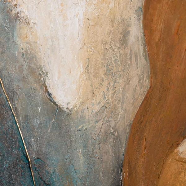 The painting “Wind and Gold” is a modern textural abstraction with warmth and dynamism