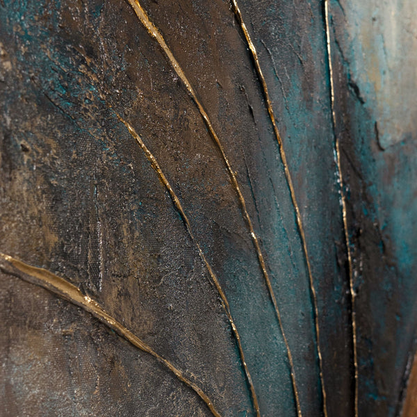 The painting “Wind and Gold” is a modern textural abstraction with warmth and dynamism