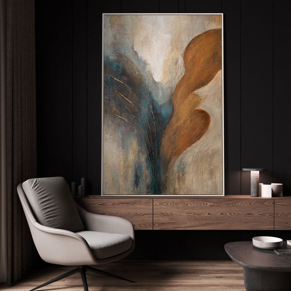 The painting “Wind and Gold” is a modern textural abstraction with warmth and dynamism