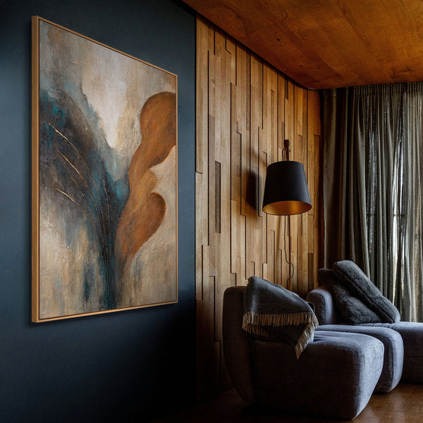 The painting “Wind and Gold” is a modern textural abstraction with warmth and dynamism