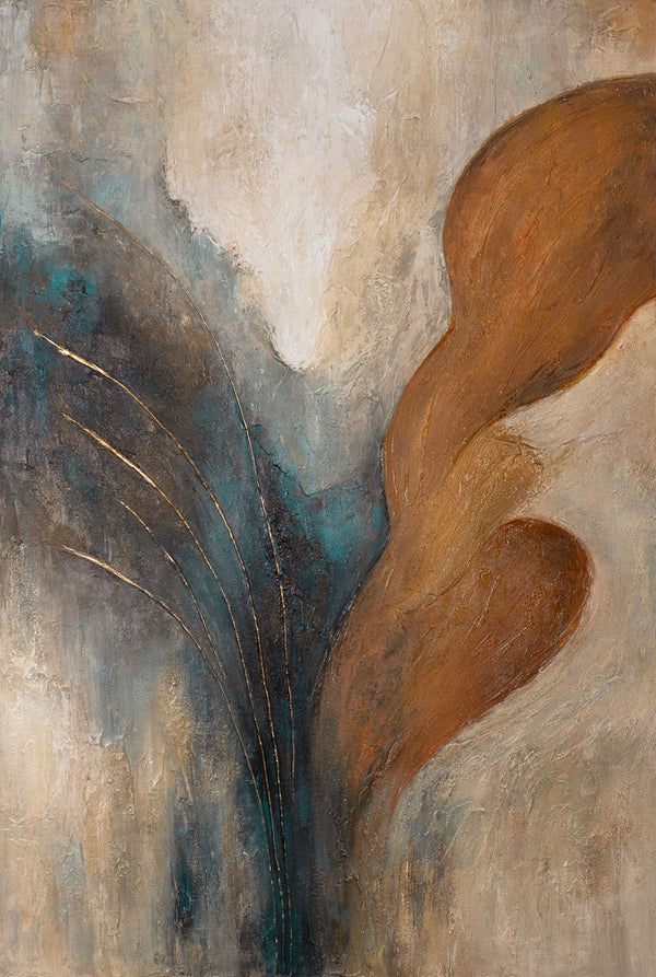 The painting “Wind and Gold” is a modern textural abstraction with warmth and dynamism