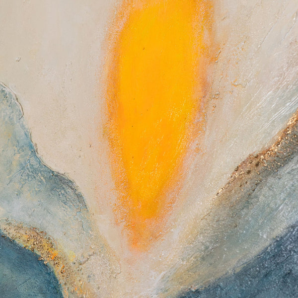 The painting “Dawn in the Clouds” depicts dawn over mountain peaks in shades of blue and gold