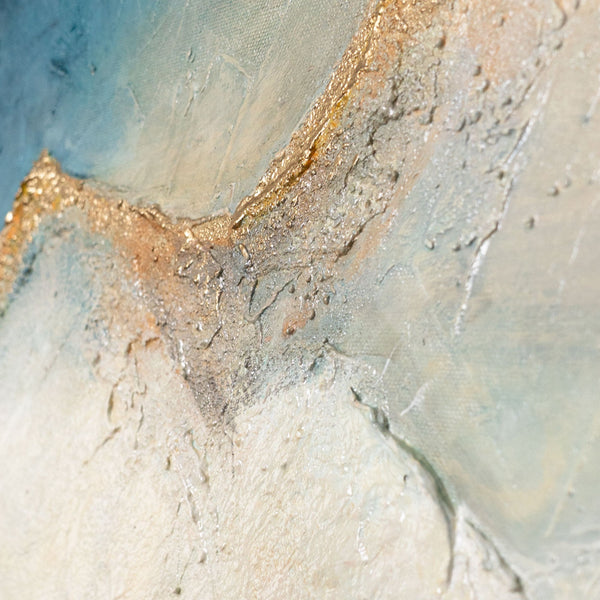 The painting “Dawn in the Clouds” depicts dawn over mountain peaks in shades of blue and gold