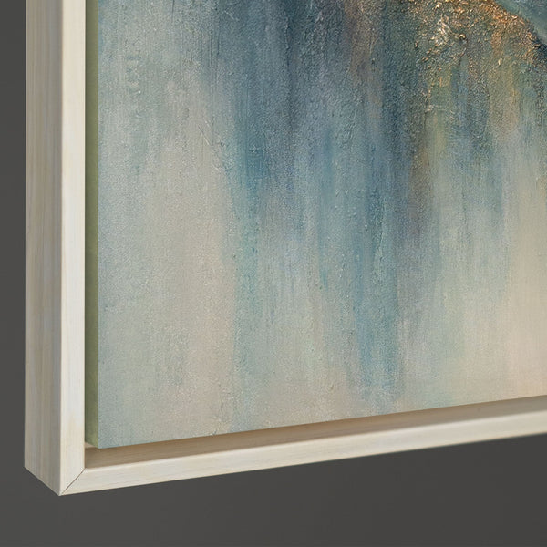 The painting “Dawn in the Clouds” depicts dawn over mountain peaks in shades of blue and gold