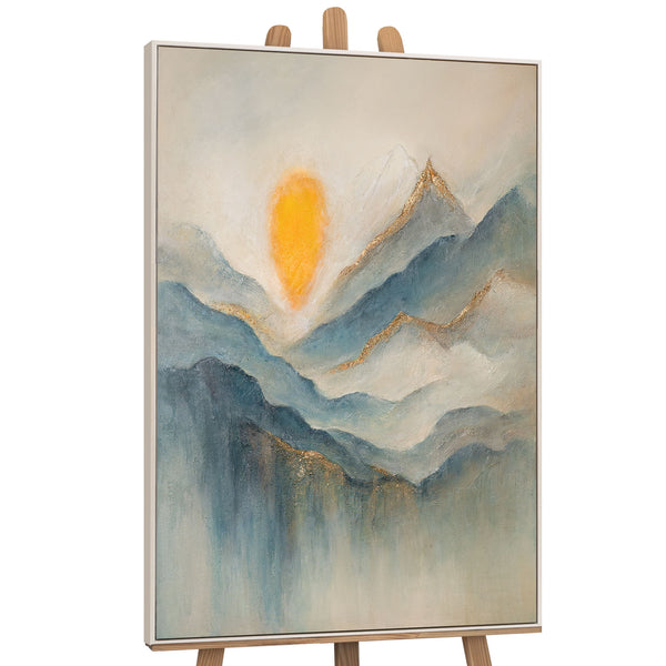 The painting “Dawn in the Clouds” depicts dawn over mountain peaks in shades of blue and gold