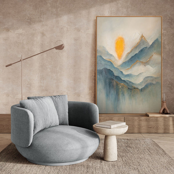 The painting “Dawn in the Clouds” depicts dawn over mountain peaks in shades of blue and gold