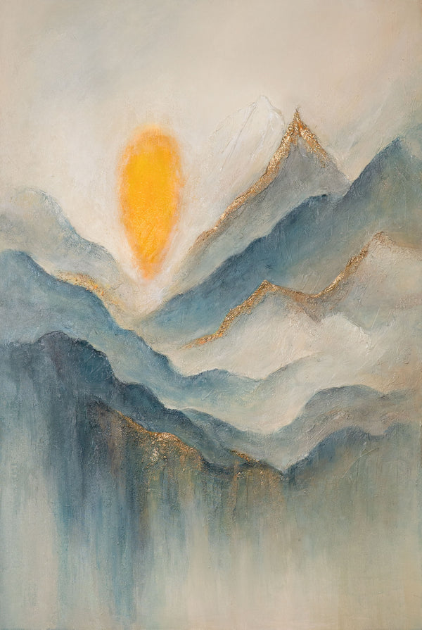 The painting “Dawn in the Clouds” depicts dawn over mountain peaks in shades of blue and gold