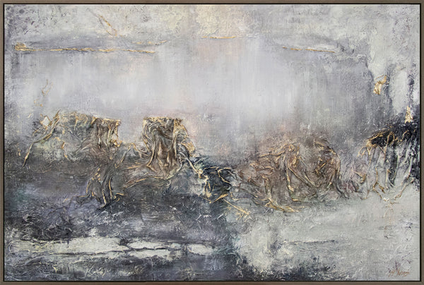 The painting "Hidden Outlines" is an abstraction with a hazy depth