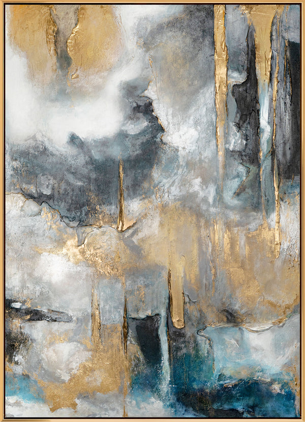 The painting "Celestial Geology" is a textural abstraction with deep verticals