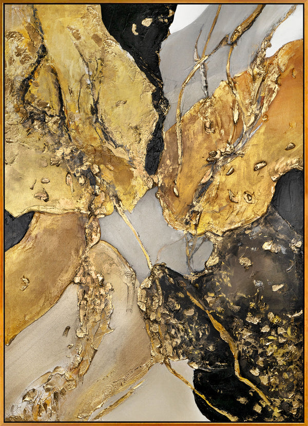 The painting "Mineral Power" is a vertical abstraction in deep golden and dark shades.