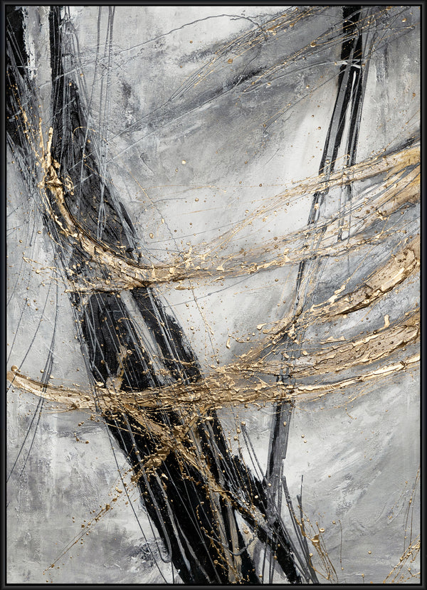 The painting "Dynamics of Space" is a vertical abstraction with gold accents