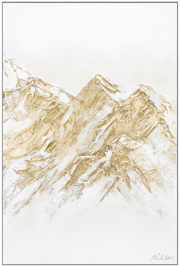 The painting "Light over the Mountains" is an abstract mountain landscape with a golden texture