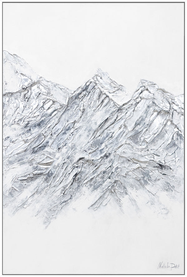 The painting "Silver Strand" is an abstract mountain landscape with a crystalline texture