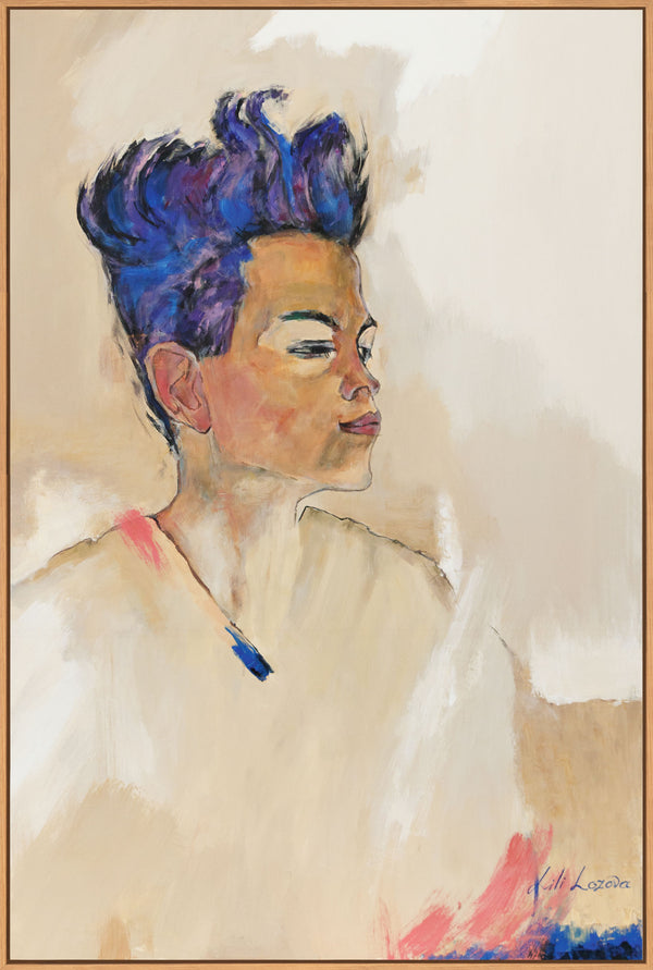 The painting "Looking Up" is a portrait with expressive graphics and bright detail.
