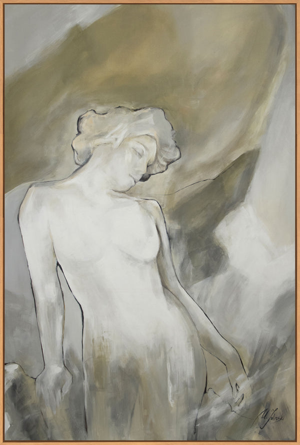 The painting "A Moment of Concentration" is a figurative abstraction in soft tones.