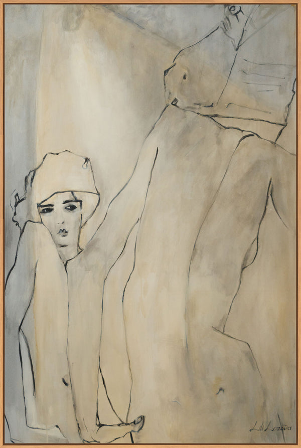 The painting "A Look Between the Lines" is an abstract portrait with delicate monochrome plasticity