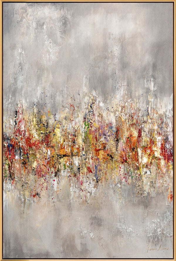 The painting "Urban Glow" is an abstraction with a horizontal rhythm and shimmering depth.